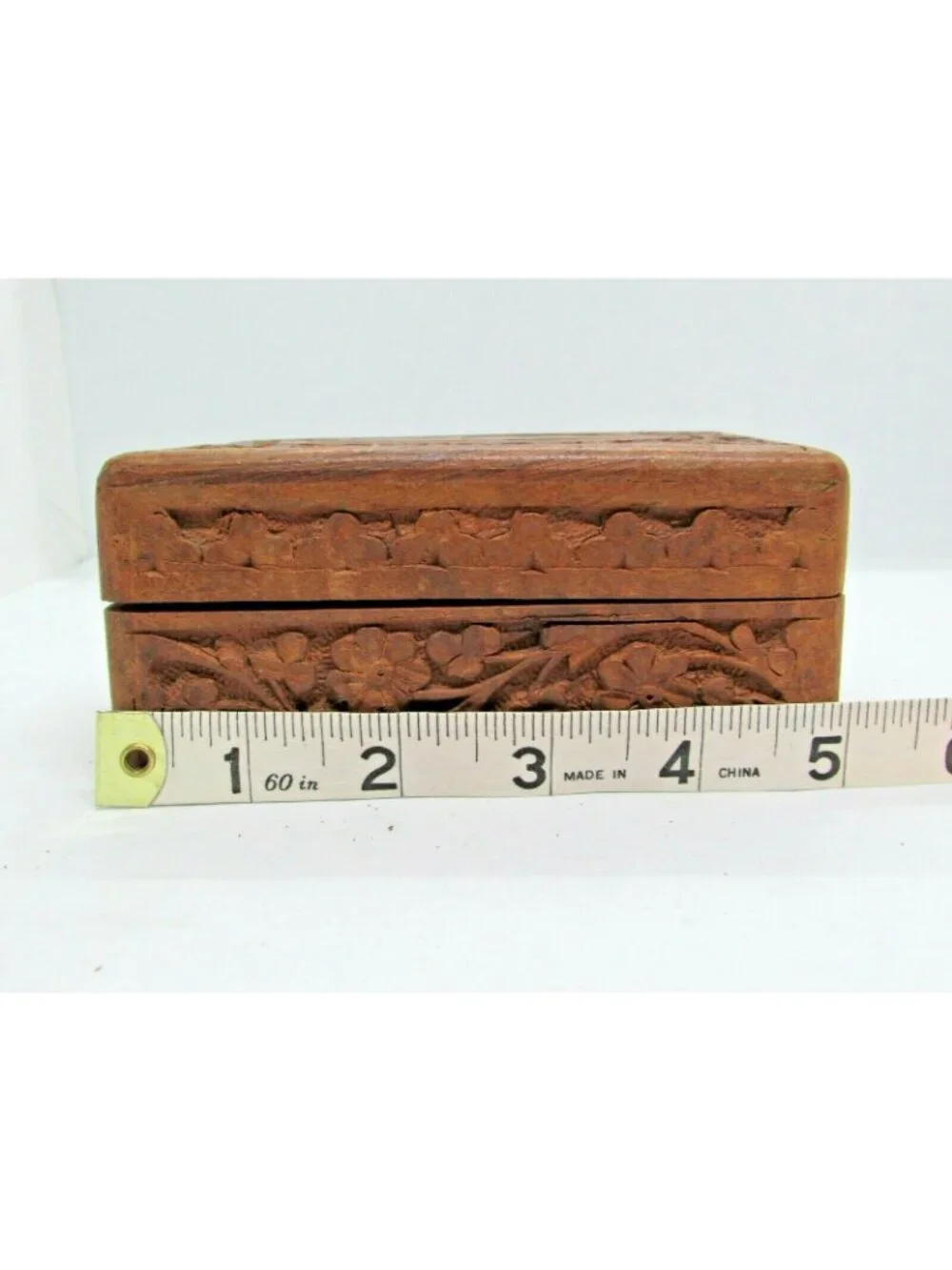 Vintage Hand Carved Floral Ivy Wooden Trinket Box India 5x3x2